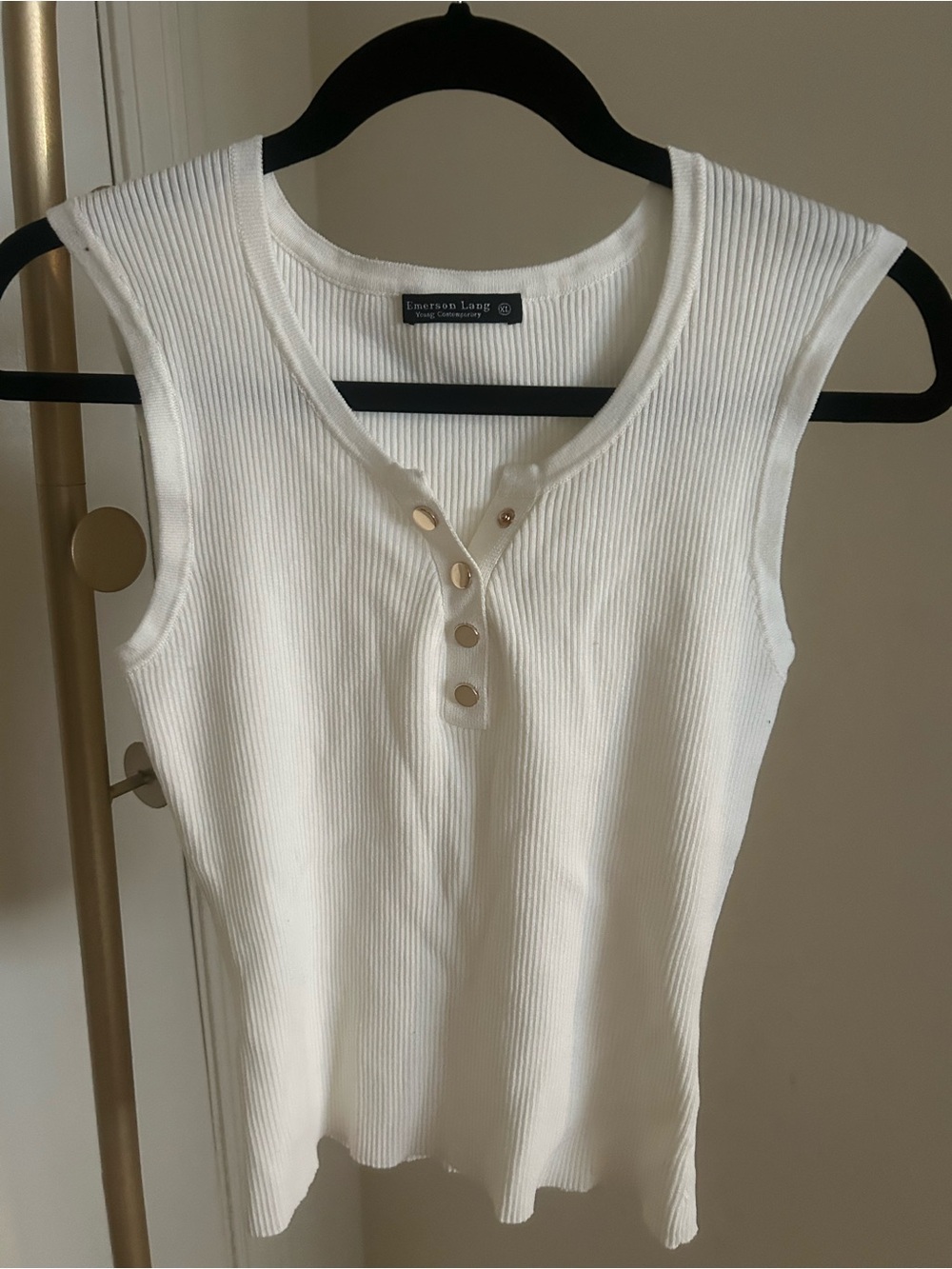Emerson Lang White Ribbed Henley Tank Top Gold Button Sleeveless